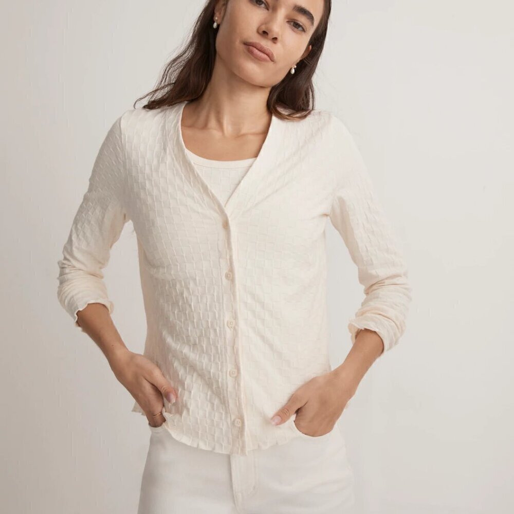 Madewell v-neck cardigan checkerboard jacquard sweater top cotton textured XS